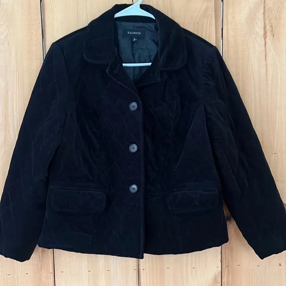 TALBOTS WOMEN'S BLACK VELOUR QUILTED BUTTON DOWN JACKET SZ 8 - Picture 1 of 7